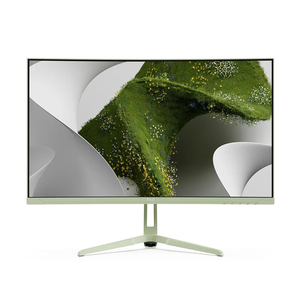 Mint green 24 inch curved gaming monitor with frameless black bezel and matching stand
