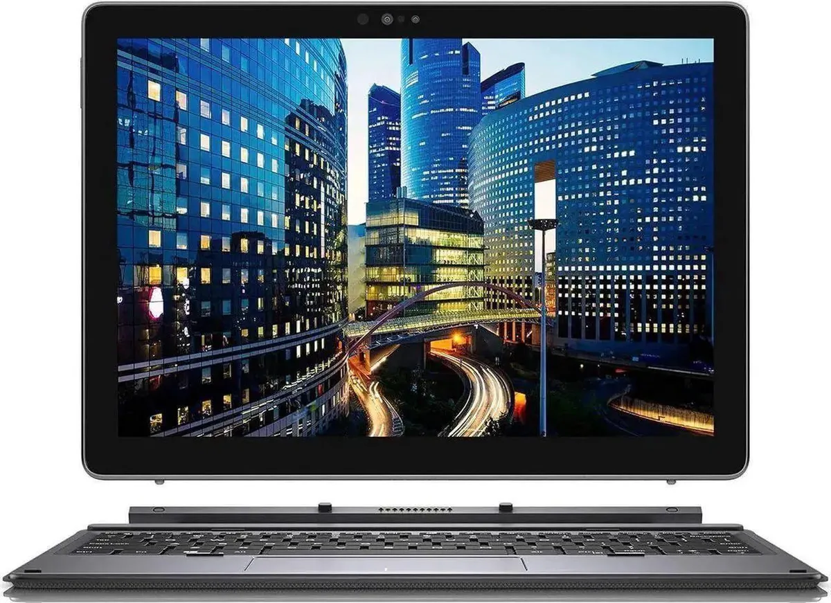 Silver 12.3 inch 2-in-1 tablet with detachable keyboard, screen shows scratches