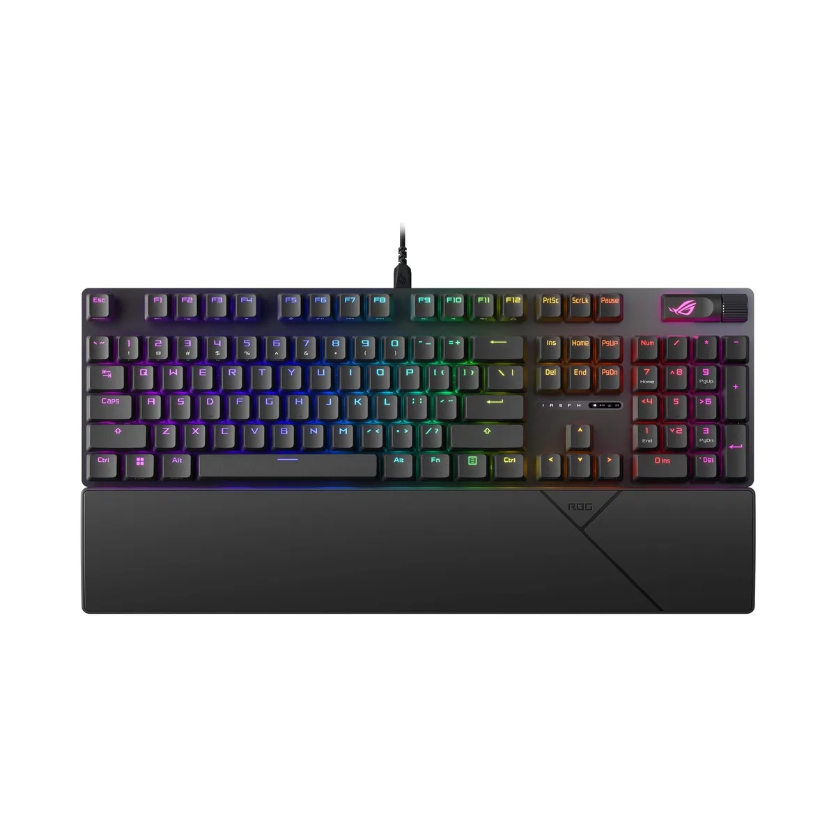 Black full-size mechanical keyboard with PBT keycaps, aluminum top plate, detachable wrist rest, and RGB lighting