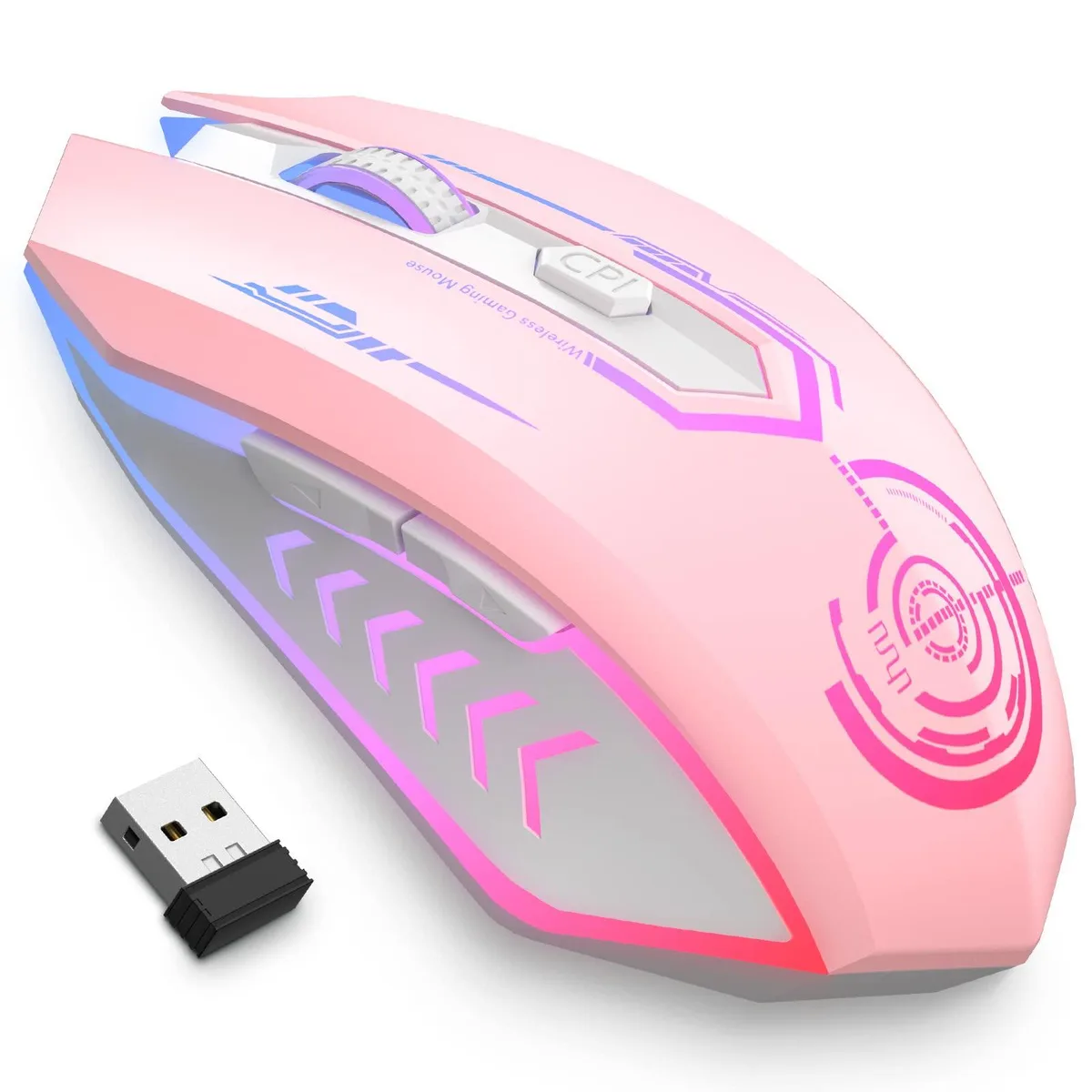 Black wireless gaming mouse with contoured right-hand shape and multiple side buttons