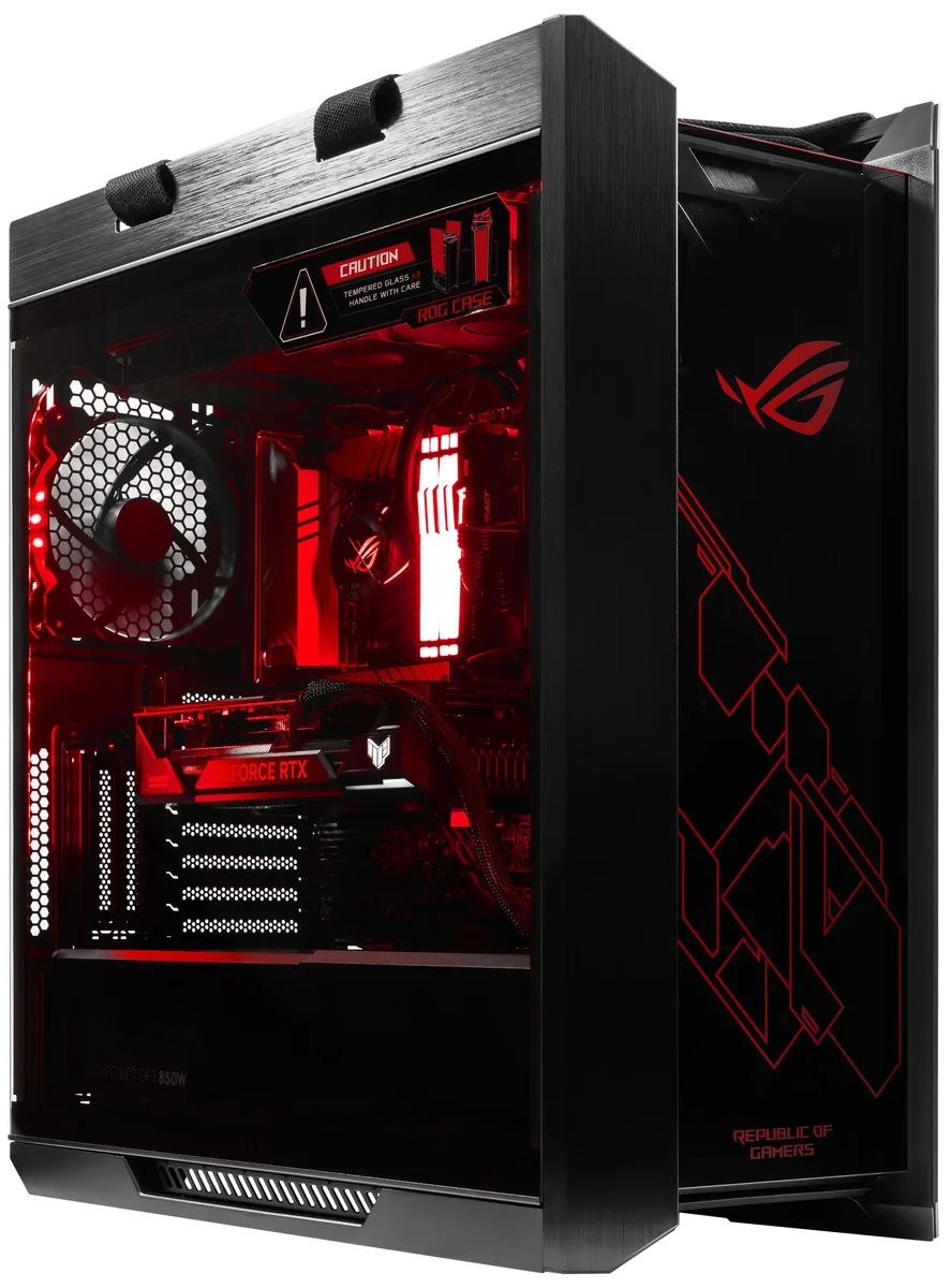 Black ROG Strix Helios GX601 tower with RGB lighting and 360mm liquid cooler