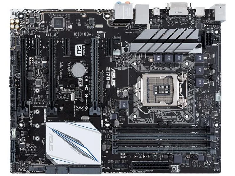 ASUS Z170-E ATX motherboard, black PCB with silver heatsinks, LGA 1151 socket, DDR4 slots, rear I/O panel visible