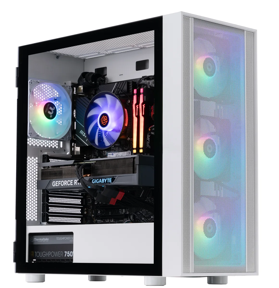 Black mid-tower case with tempered glass side panel and RGB lighting visible inside