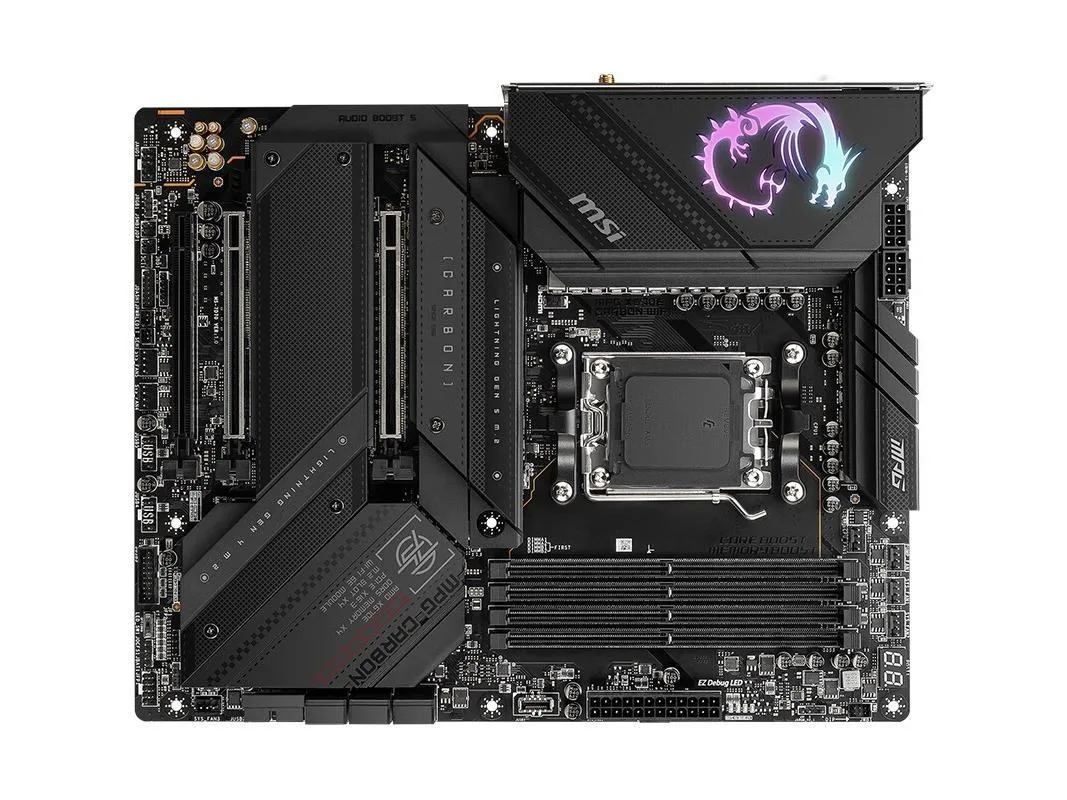 Black rectangular ATX motherboard with carbon-fibre pattern heatsinks and silver I/O shield