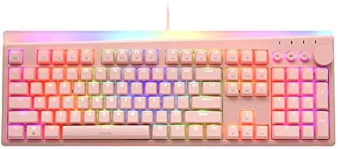 Pink full-size mechanical keyboard with media knob and RGB backlight