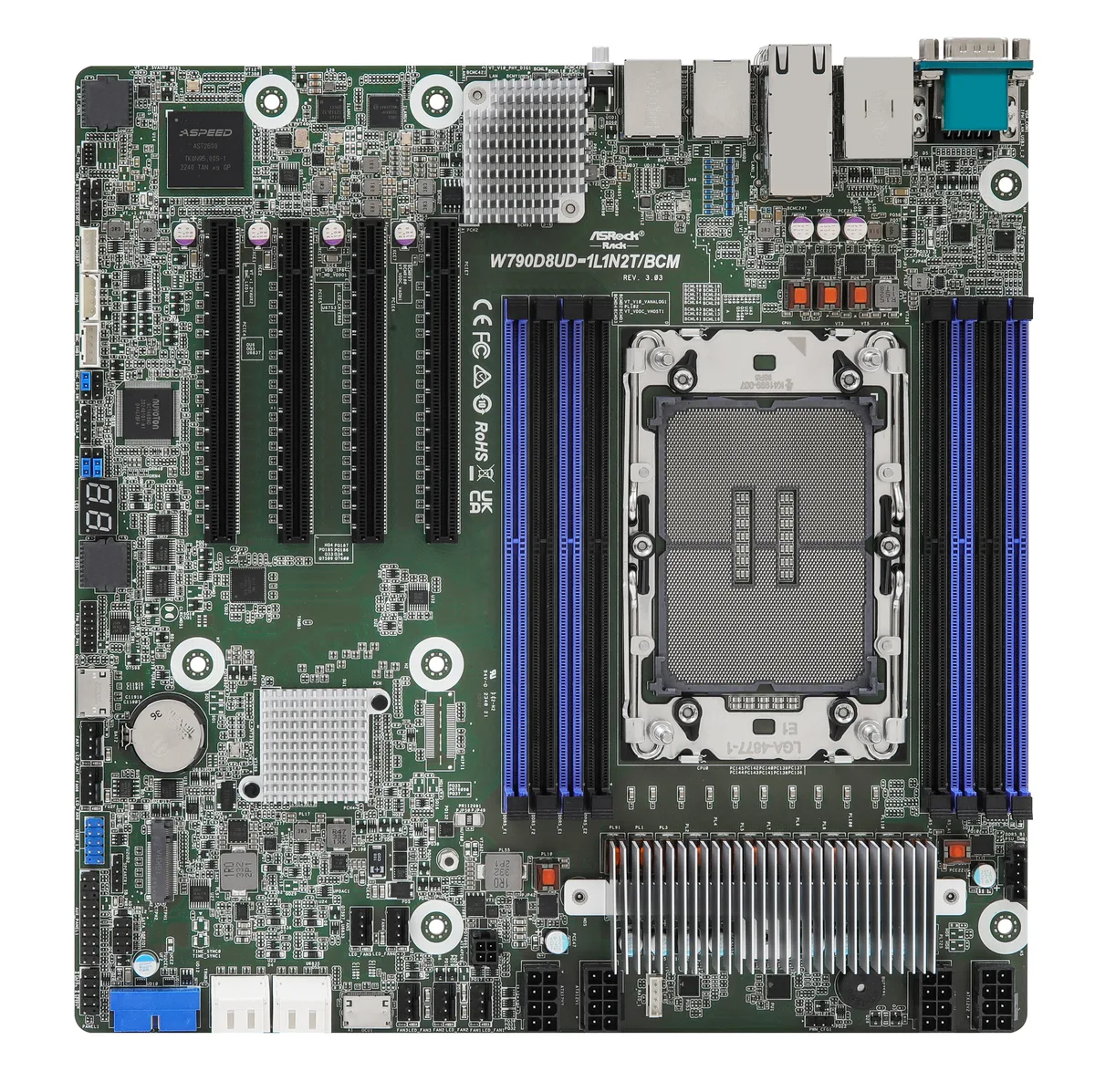 Green server motherboard, Deep Micro-ATX form factor, eight DDR5 slots, four PCIe5.0 x16 slots, dual 10GbE RJ45 ports
