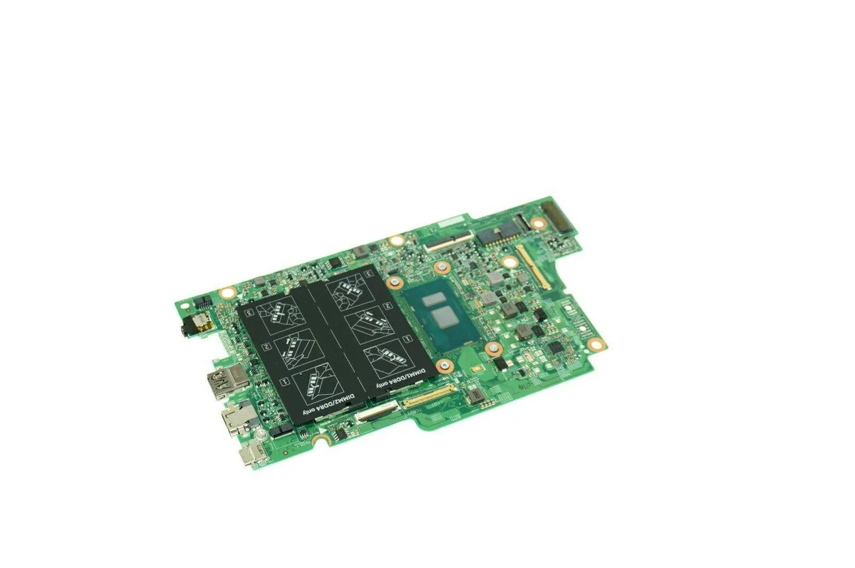 Green rectangular laptop motherboard with silver CPU socket and black components