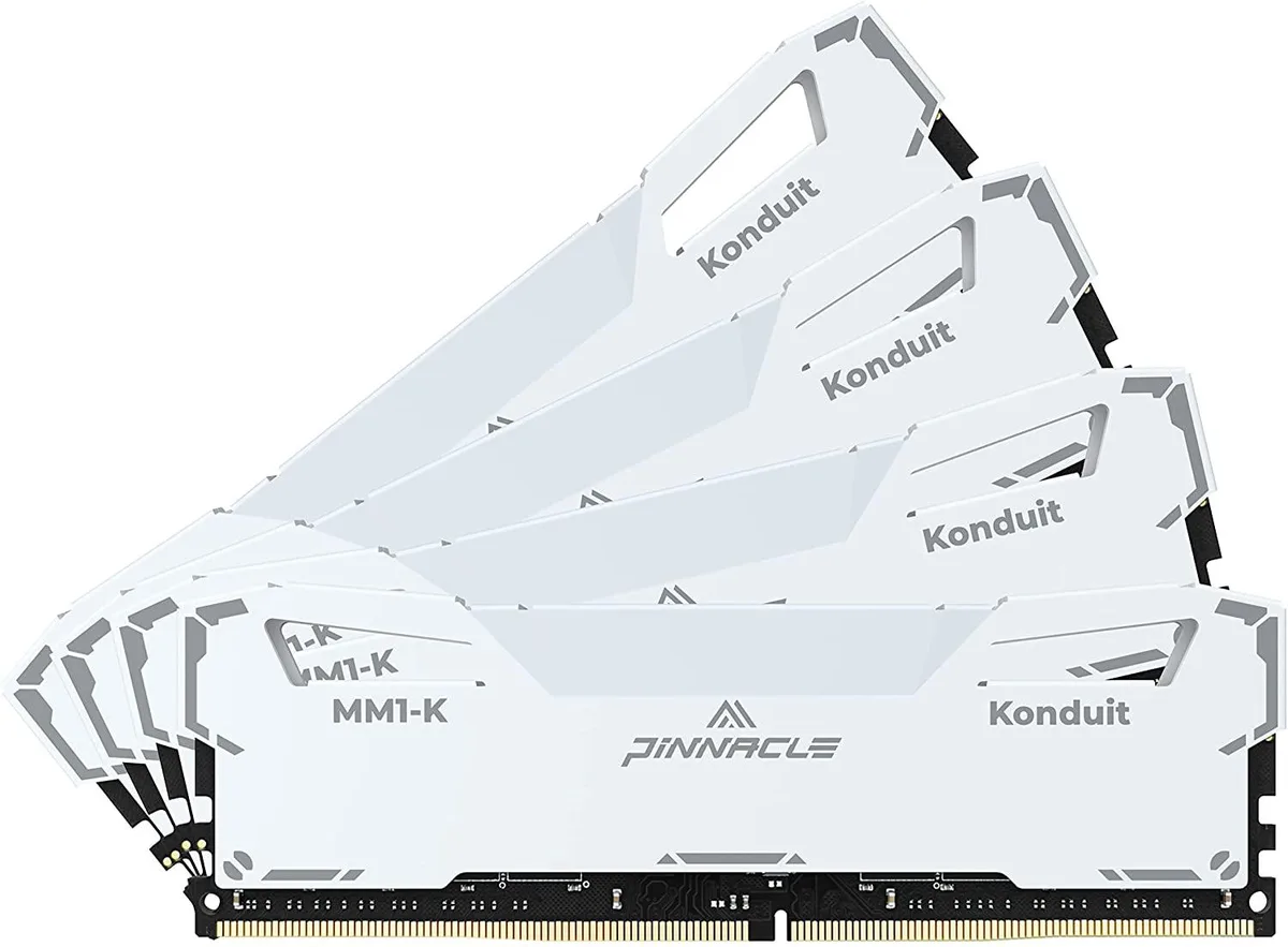 Four white DDR4 memory modules with aluminium heat spreaders