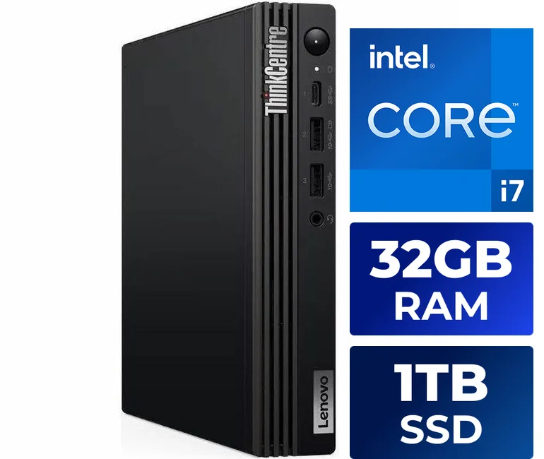 Tiny black desktop PC, compact square chassis
