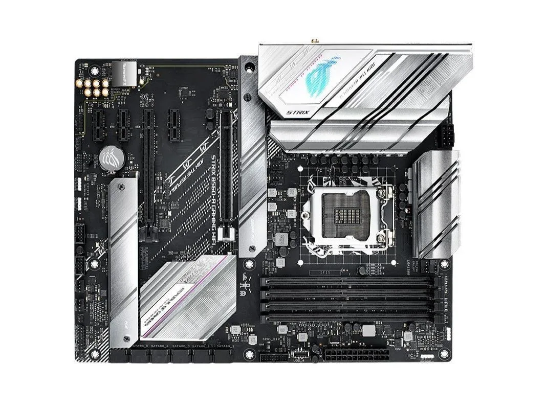 ATX motherboard in white and silver with heatsinks and I/O shield