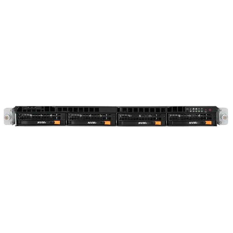Silver 1U rack server, four 3.5 inch drive bays, dual Xeon CPUs, redundant power supplies