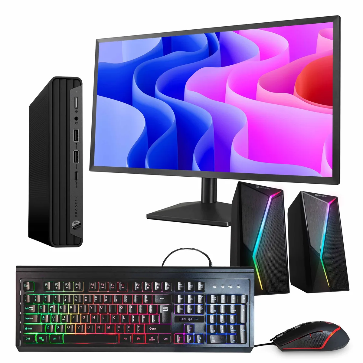 Black HP ProDesk 600 G6 Mini PC with 24 inch monitor
