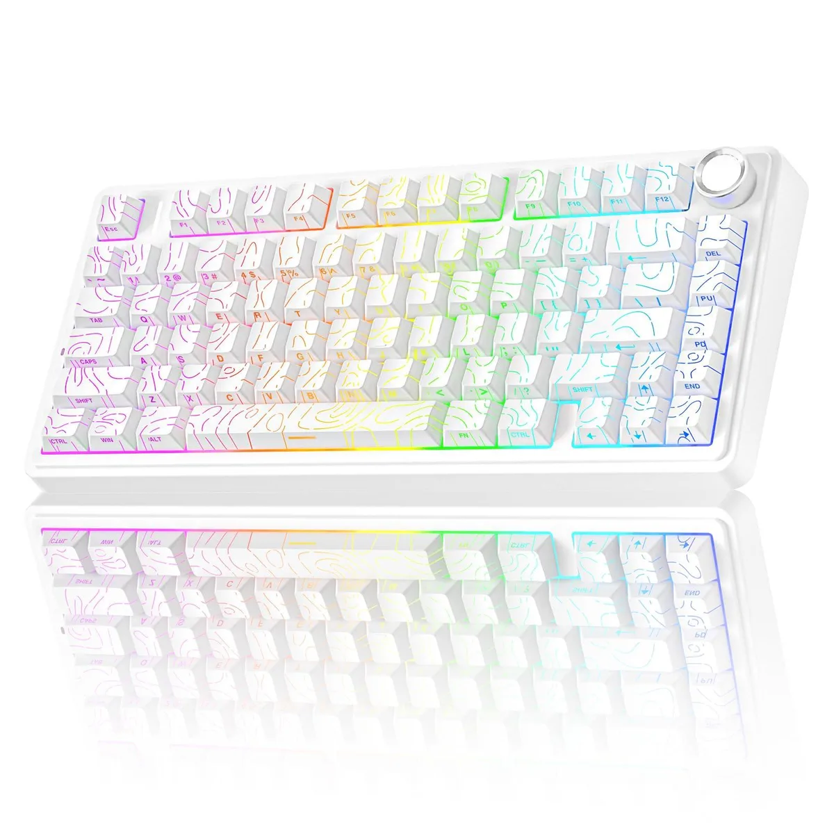 White 75% mechanical keyboard with rotary knob, side-printed PBT keycaps and RGB backlight
