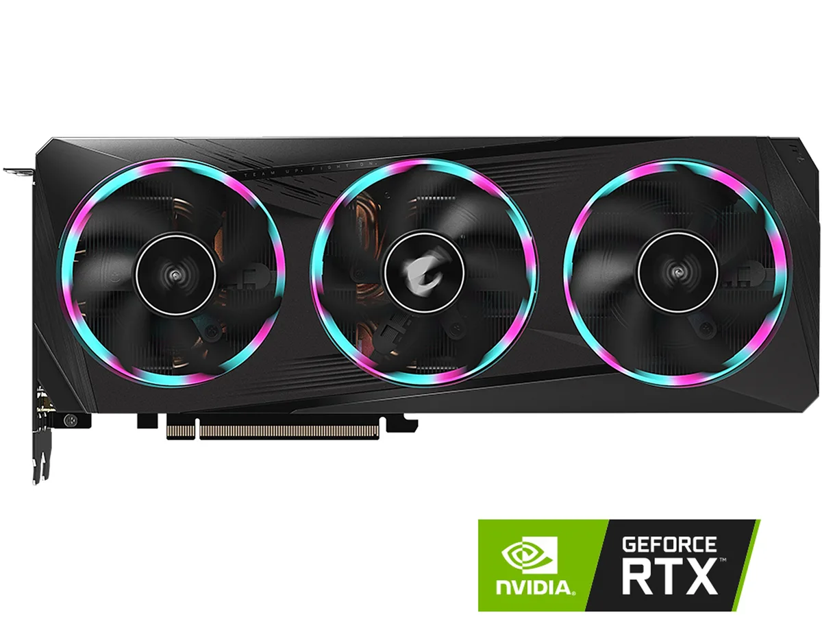 Triple-fan graphics card with metal backplate and RGB lighting