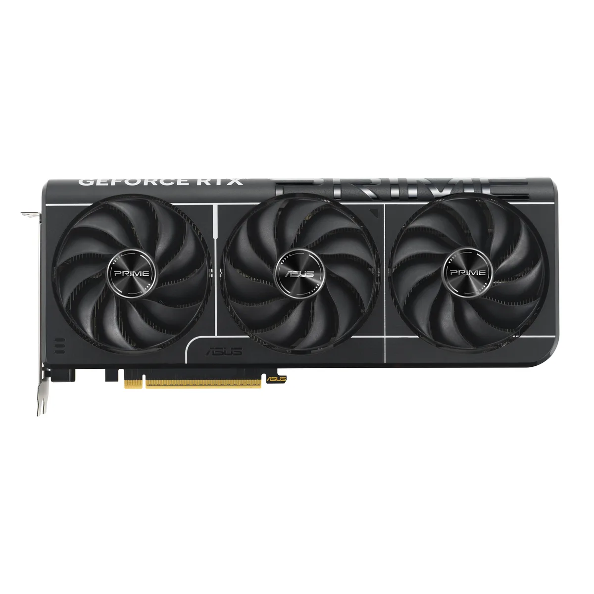 Black graphics card with three fans, 12 inch length, 2.5 slot width