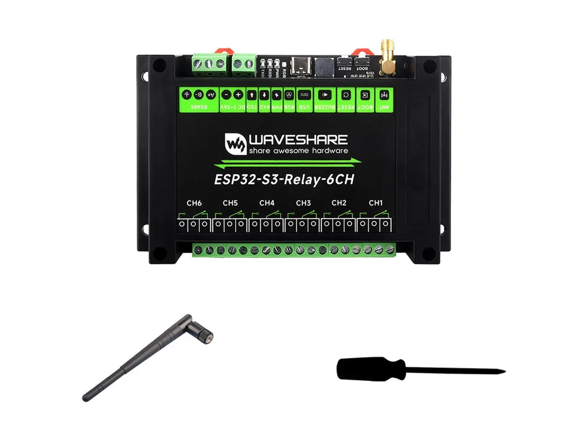 Green rectangular circuit board inside grey DIN-rail ABS enclosure, six black relay modules, USB-C port, screw terminals
