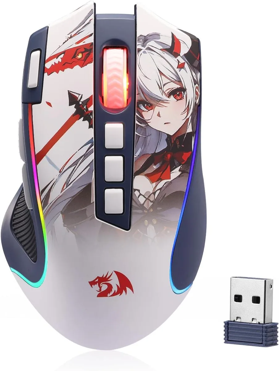 Redragon M612AK PRO gaming mouse with anime-themed frosted finish and rubber side grip