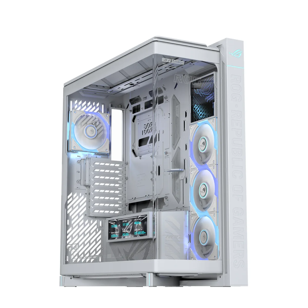 White mid-tower case with curved tempered-glass side panel, aluminum trim, hinged 9.2-inch LCD screen and four pre-installed ARGB fans