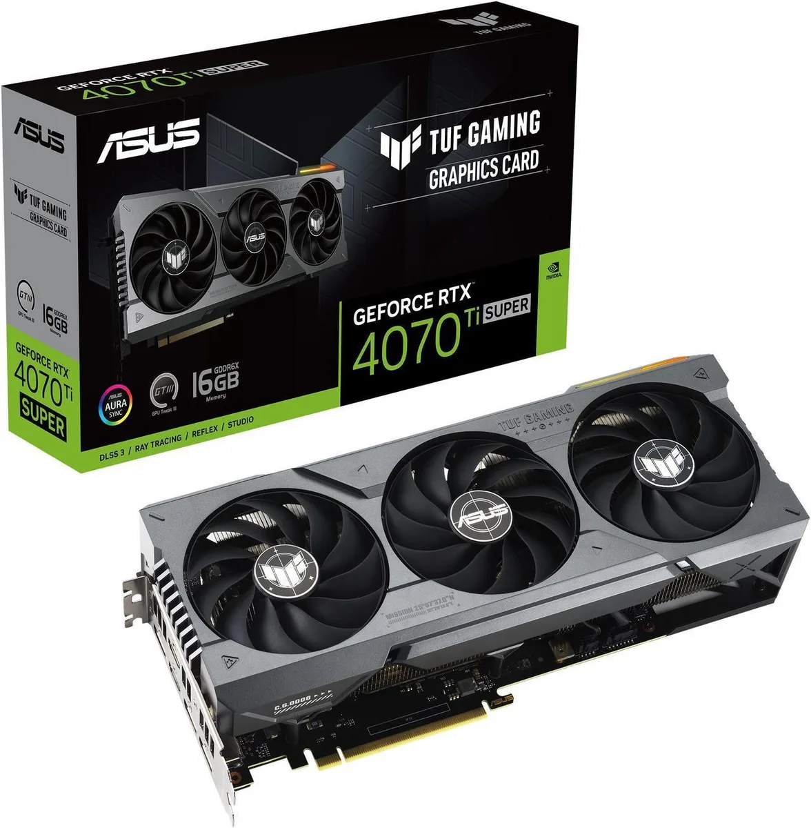 ASUS RTX 4070 Ti SUPER TUF Gaming graphics card in dark metallic finish