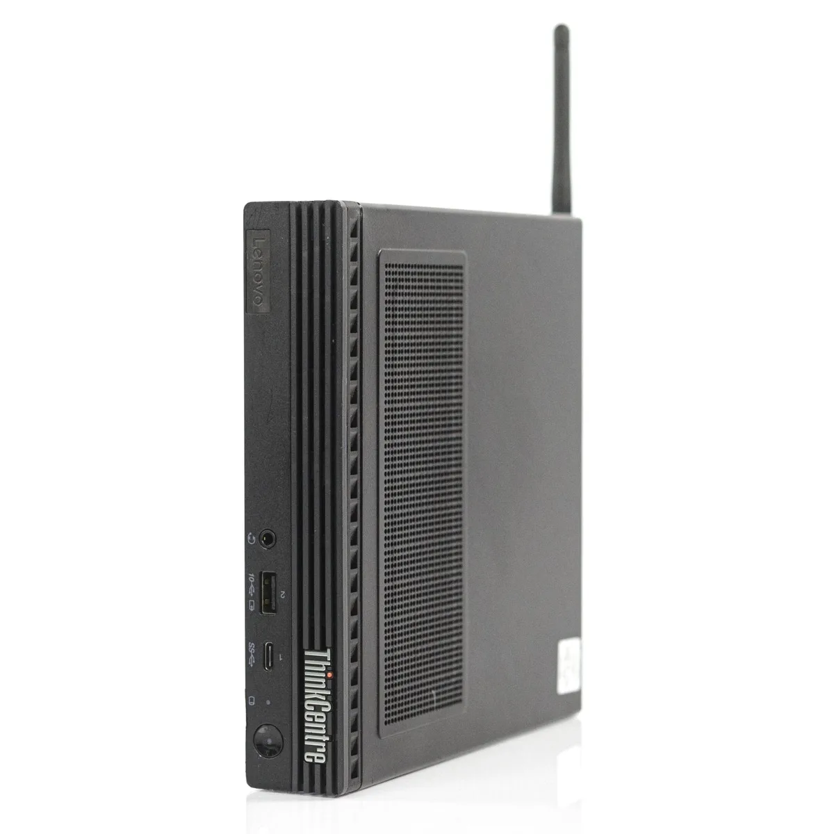 Small black square desktop computer with matte finish