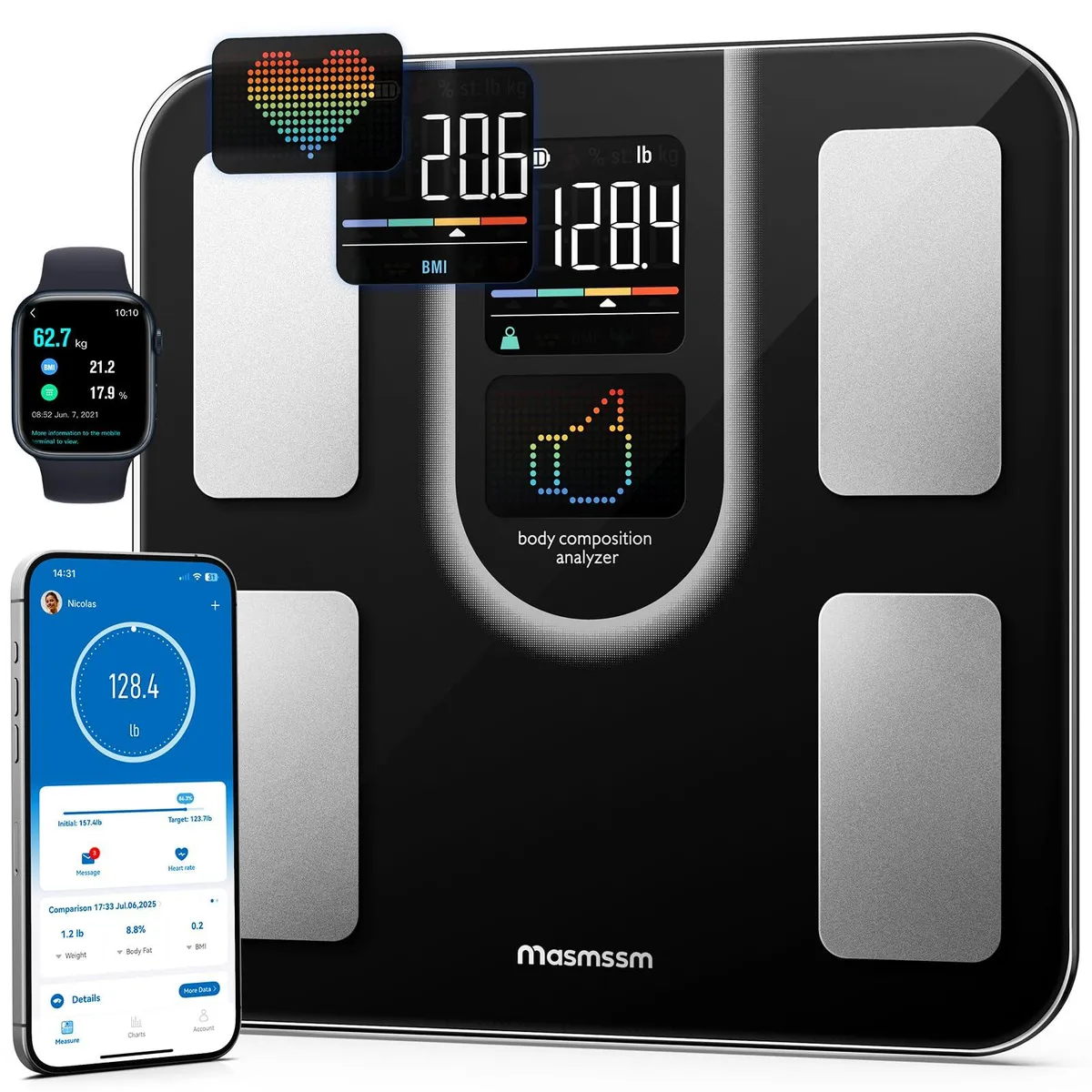  masmssm FG2016LB-B bath scale black 400lb 22 metrics 24 users — foto del prodotto