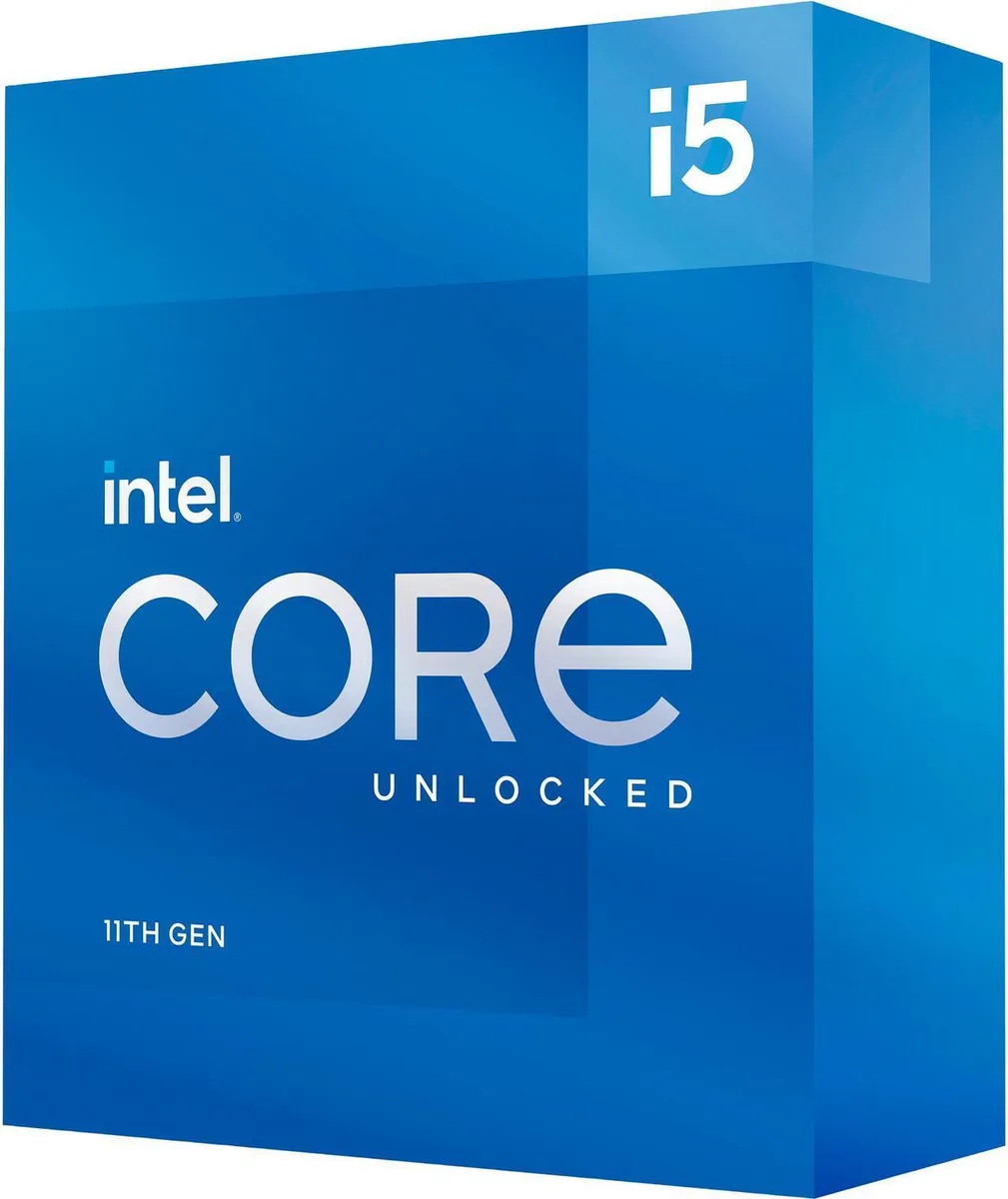 Intel Core i5-11600K desktop processor in LGA 1200 package with silver heat spreader and green substrate