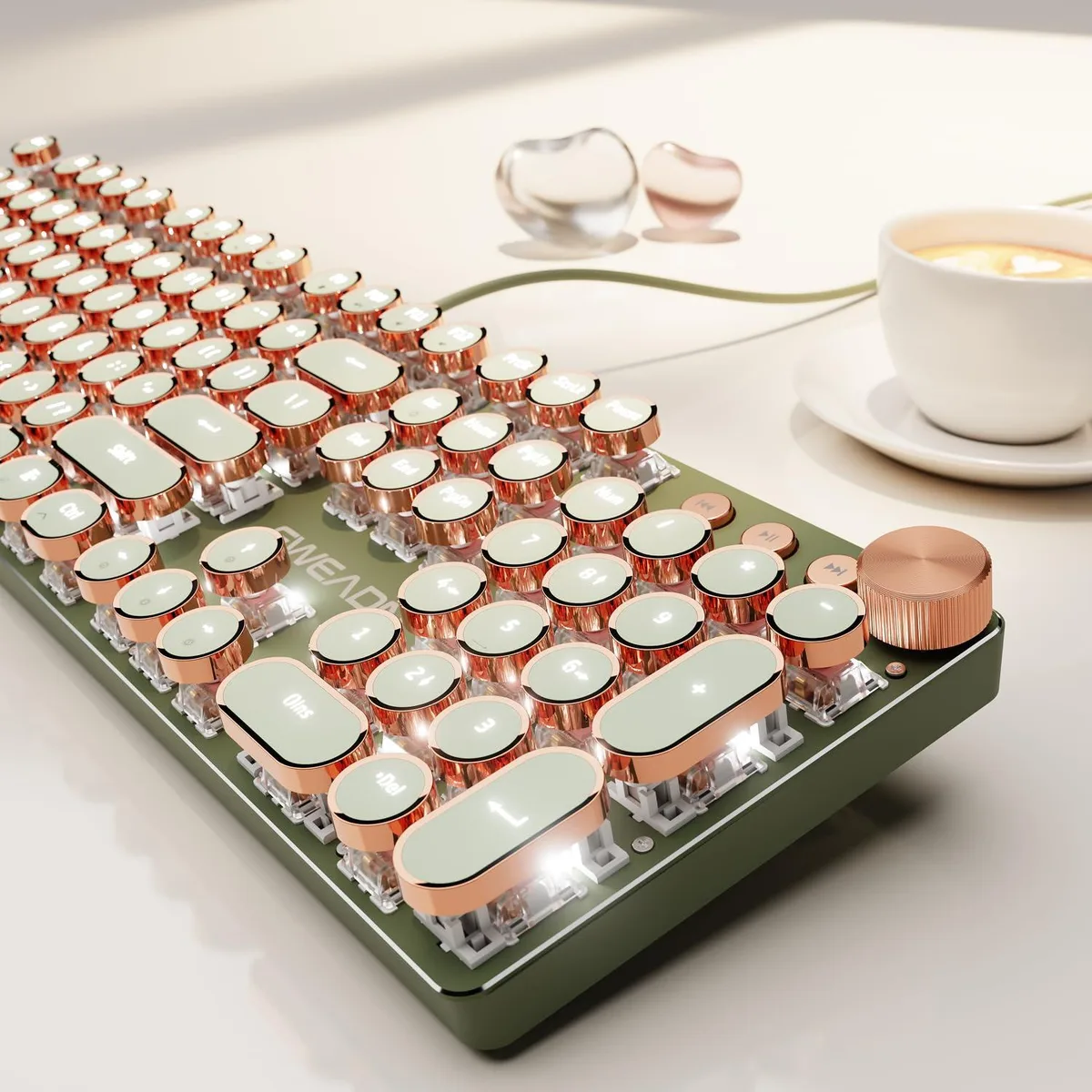 Green mechanical keyboard with round aluminum keycaps and media knob