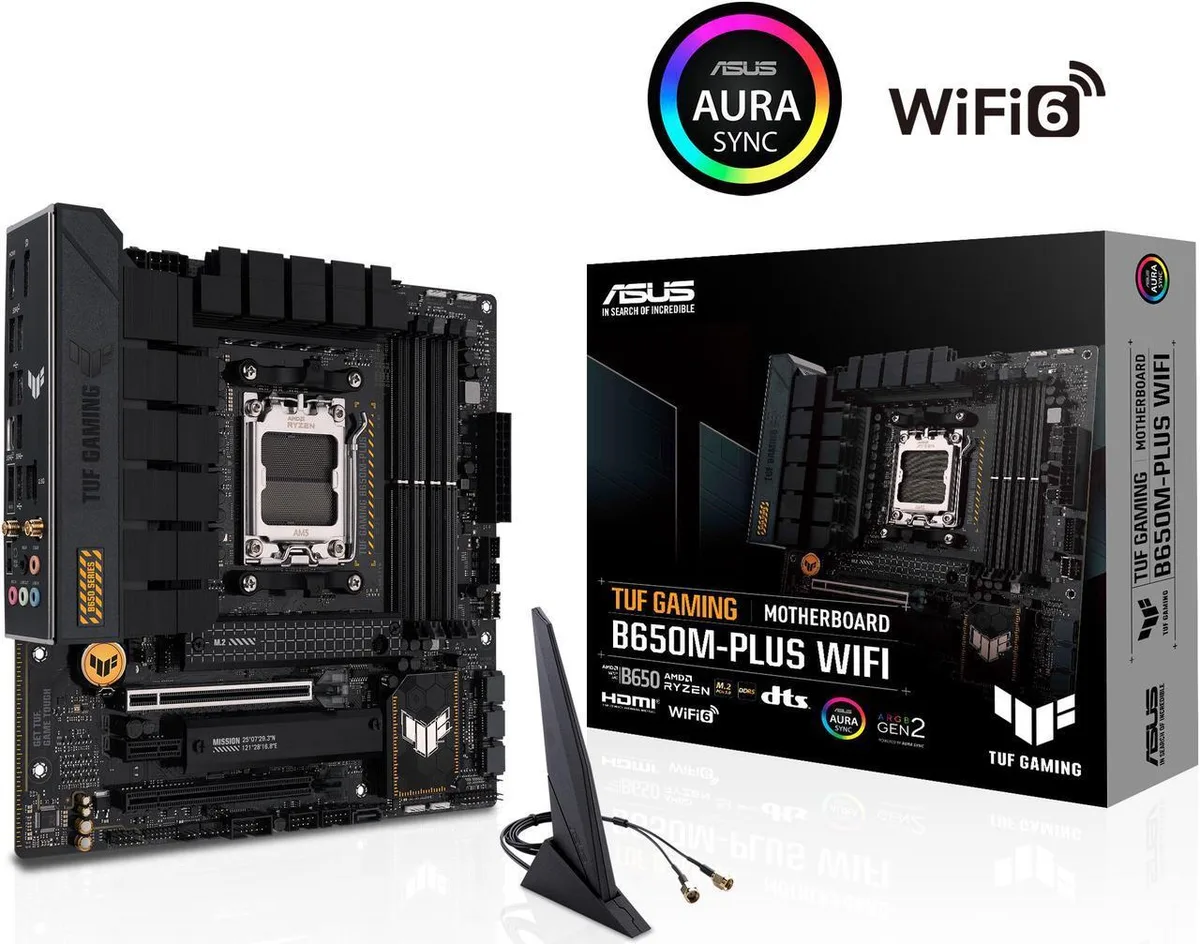 Dark green mATX motherboard with large heatsinks and yellow TUF branding