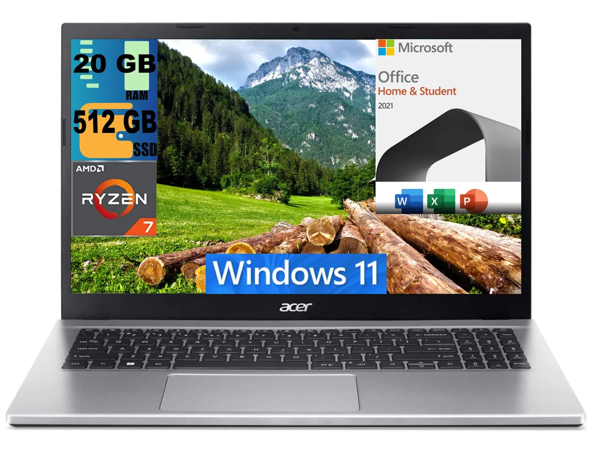 Silver Acer Aspire 3 15 laptop, 15.6 inch FHD screen, slim profile