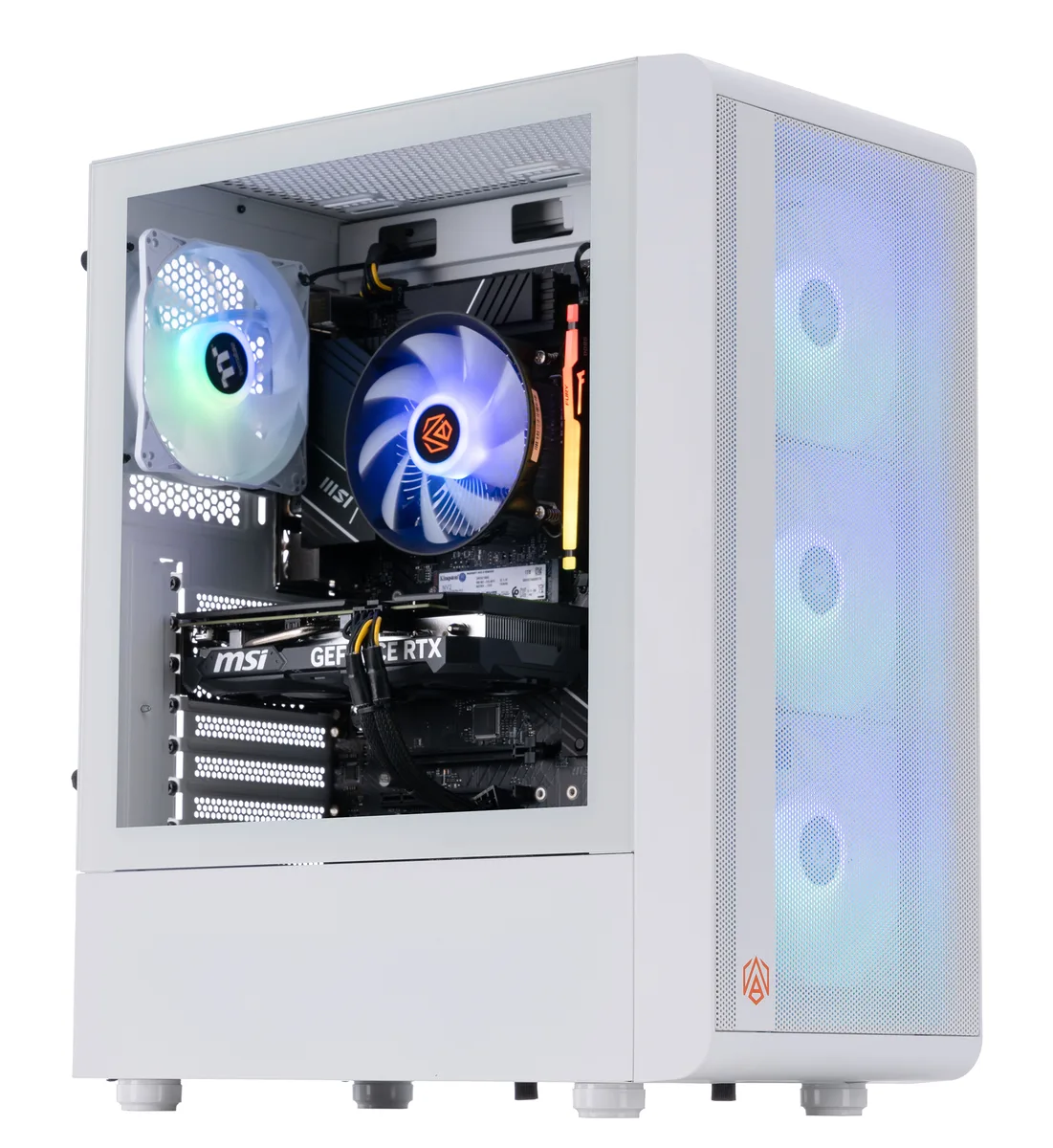 White mid-tower gaming PC with RGB lighting visible through side panel