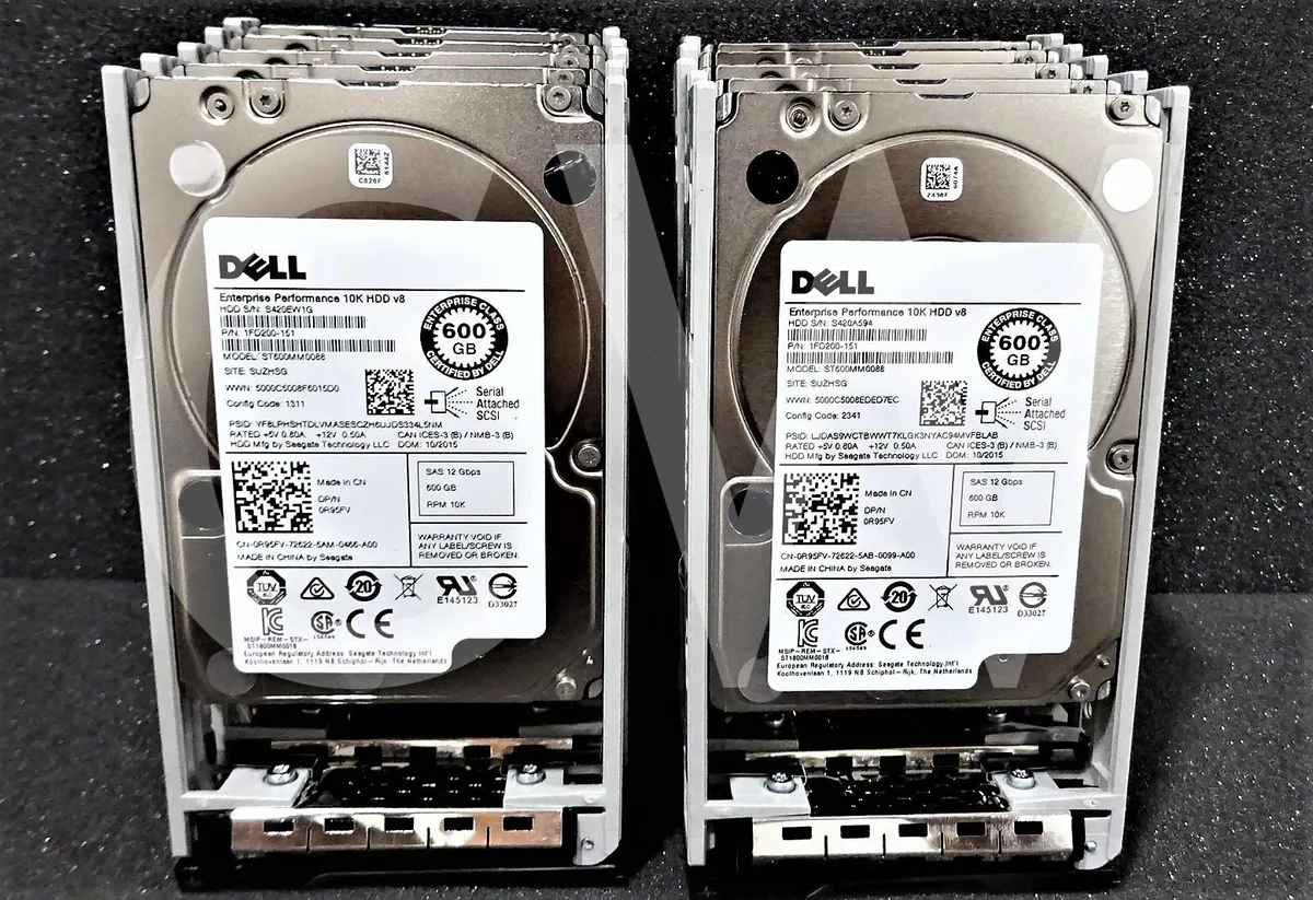 Ten silver 2.5 inch SAS drives in black caddies
