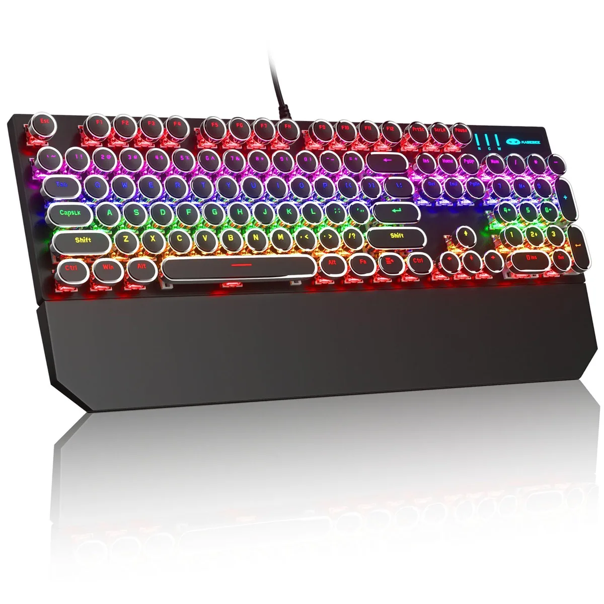 Black mechanical keyboard with round retro keycaps, aluminum frame, RGB lighting, magnetic wrist rest