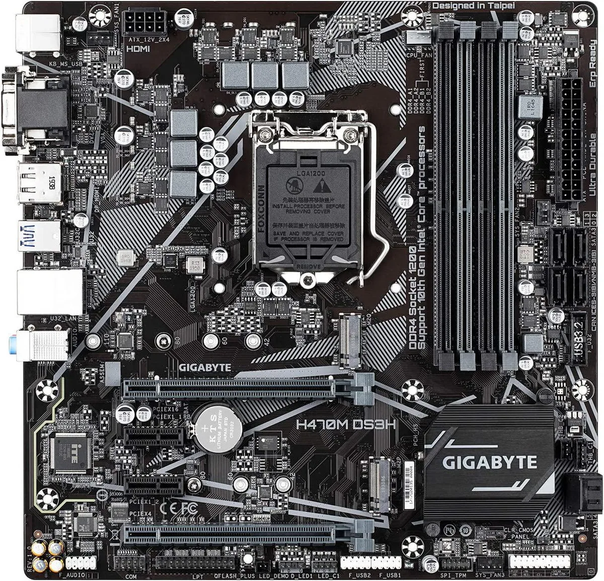 Green MicroATX board with black sockets and silver I/O shield