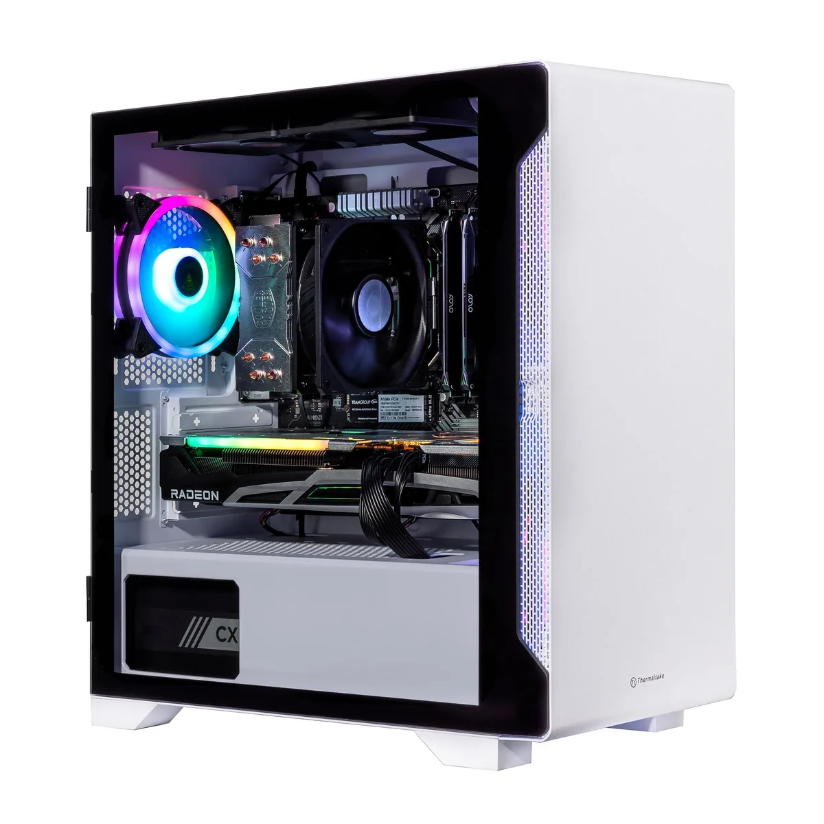 Snow White desktop tower, clean mid-tower shape, matte white panels, front I/O visible