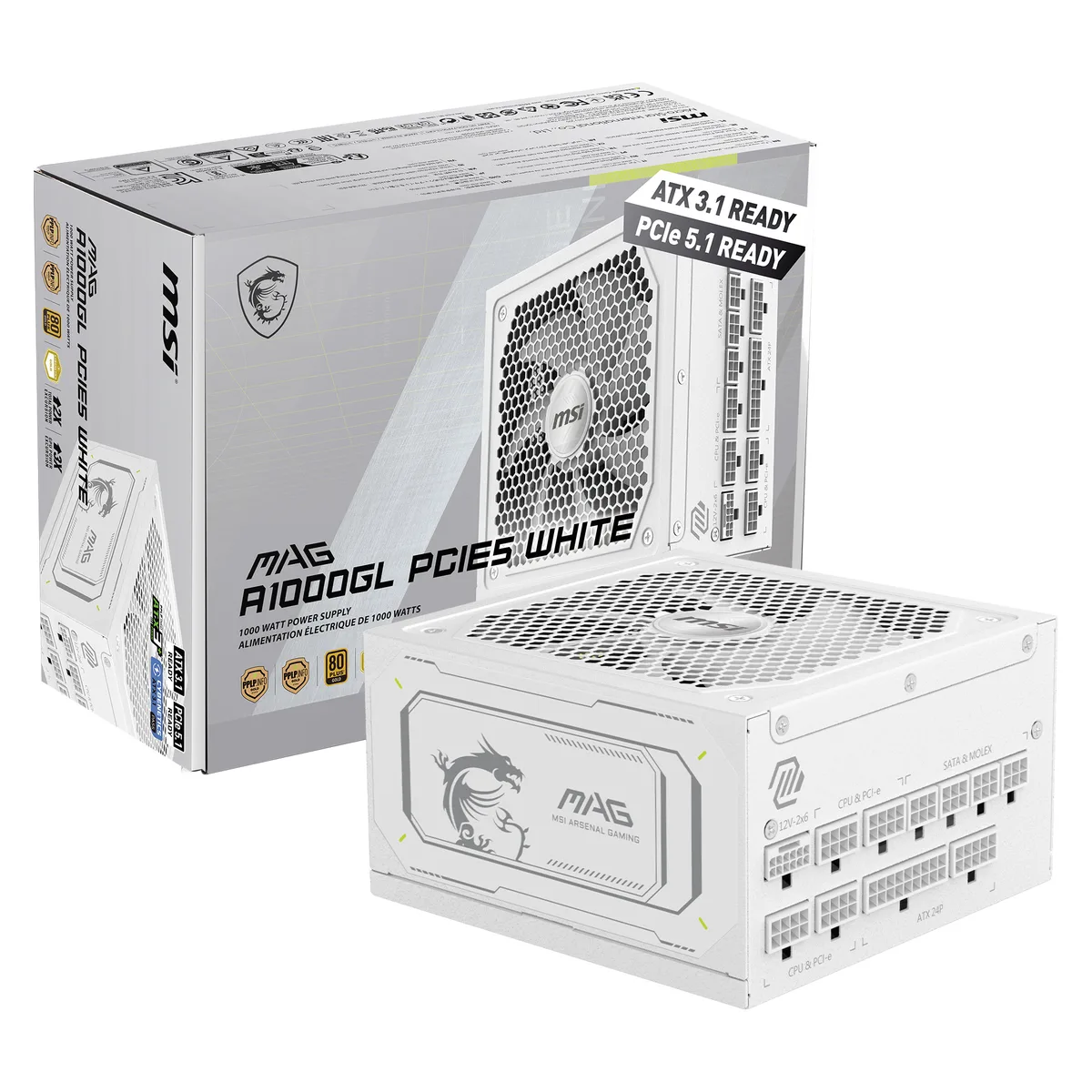 White fully modular ATX power supply with 135 mm fan and flat cables