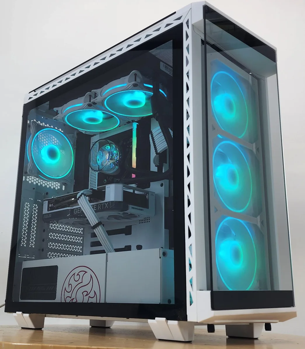 White mid-tower case with RGB AIO cooler and graphics card visible
