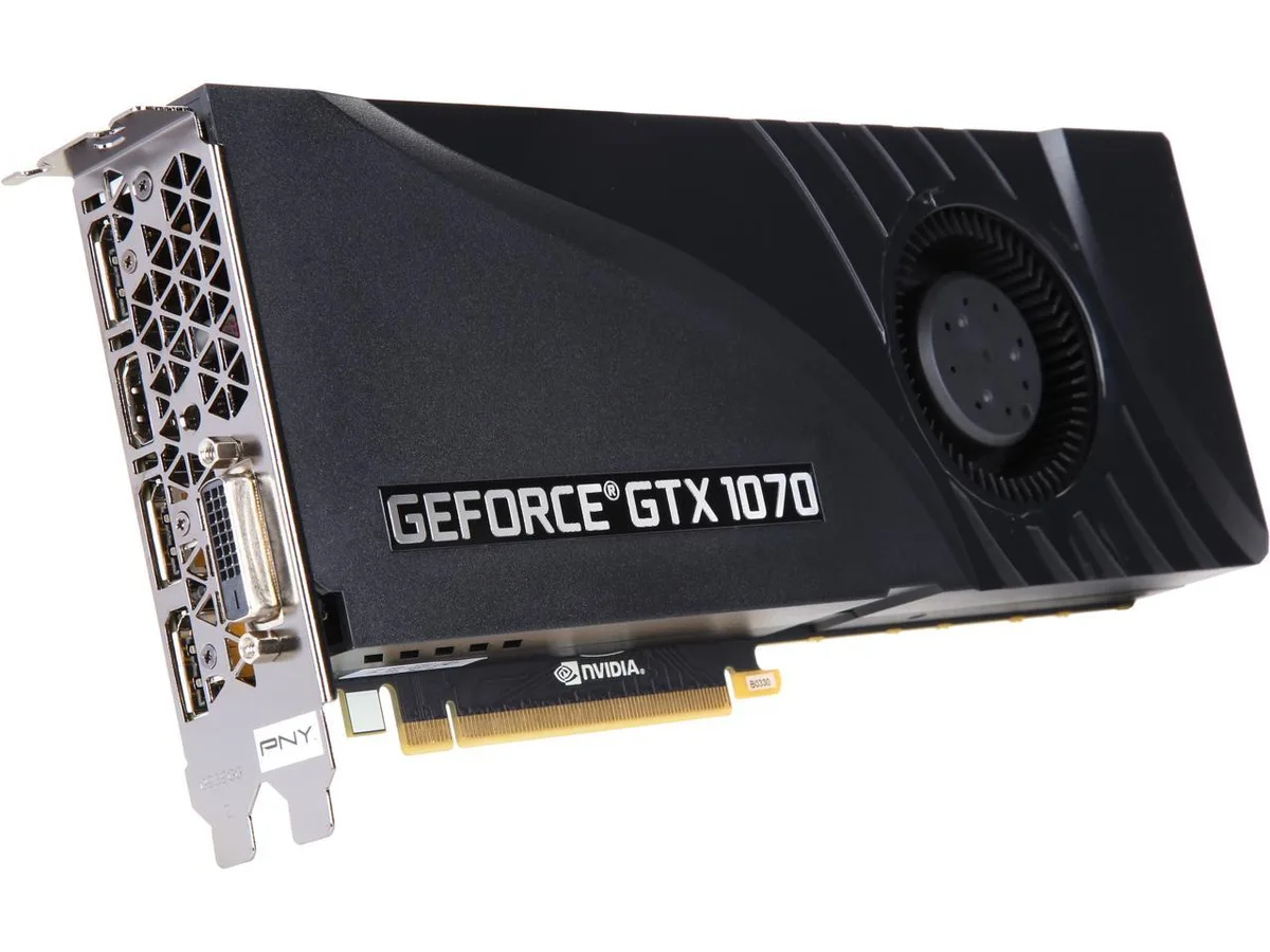 PNY GeForce GTX 1070 graphics card with dual-fan cooler in black and silver finish