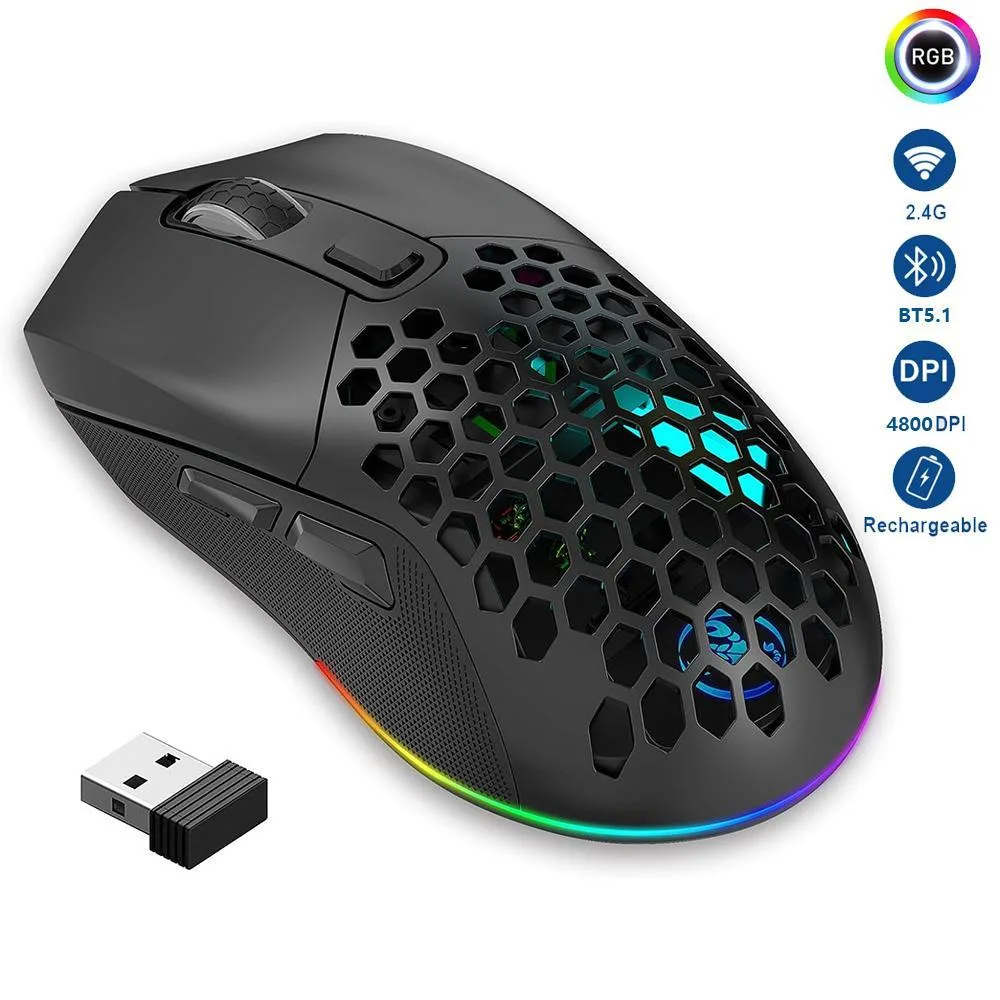Black ergonomic gaming mouse with RGB lighting and interchangeable back covers