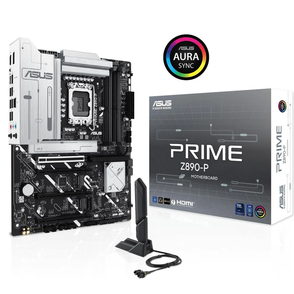 ATX motherboard in matte black with silver heatsinks and four DDR5 slots
