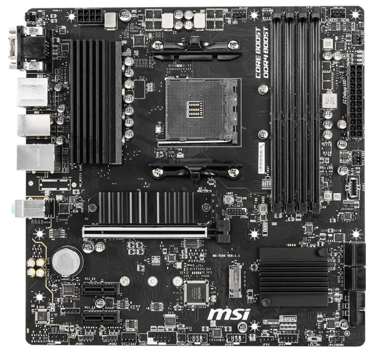 Green micro-ATX motherboard with black metal M.2 shield and silver heatsinks