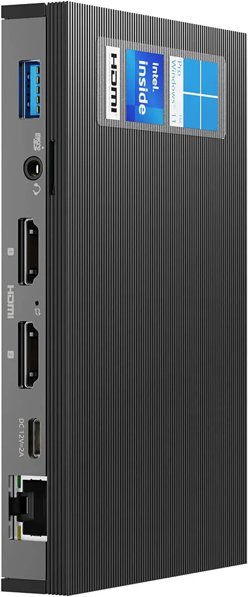 Small silver fanless desktop box 5.2 by 3.0 by .7 inches weighing .44 lb