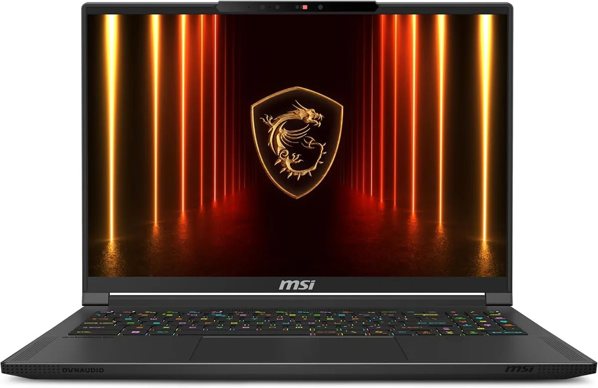 Black sixteen inch gaming laptop with thin profile and RGB keyboard