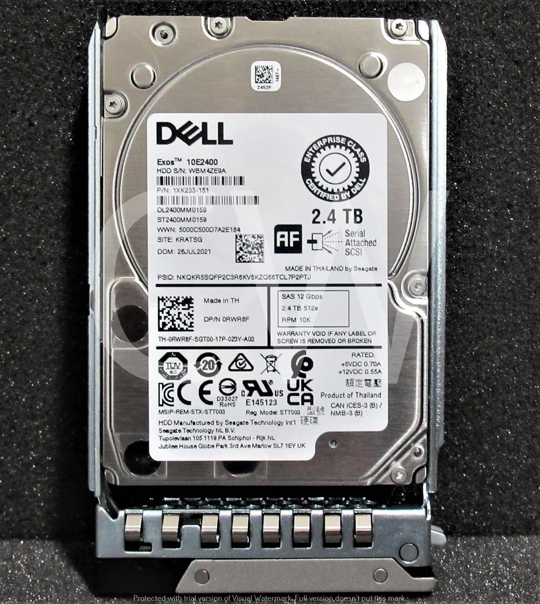 Silver 2.5 inch SAS hard drive mounted in black server caddy tray
