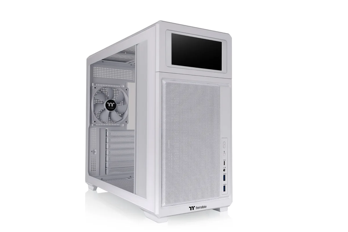 White mid-tower case with 6 inch LCD screen on front, tempered glass side panel