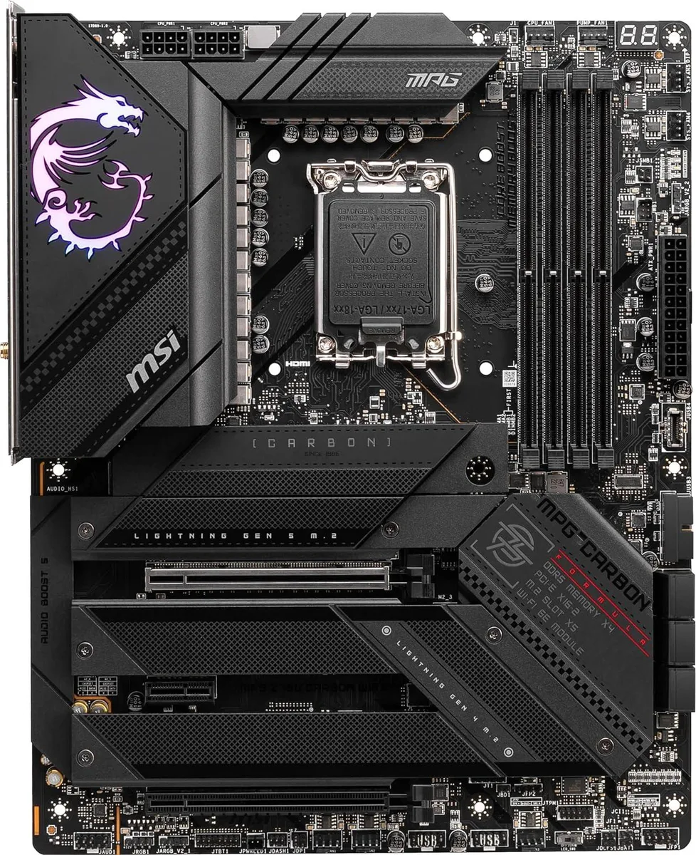 MSI MPG Z790 CARBON WIFI ATX motherboard with dark carbon-finish PCB and silver heatsinks