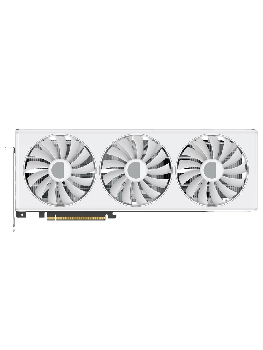 White triple-fan graphics card with silver accents and a metal backplate