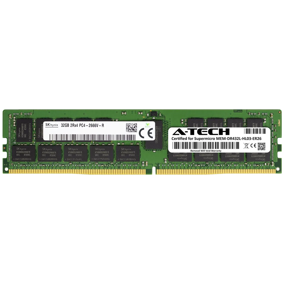 Green 288-pin DDR4 RDIMM module with black chips, 32GB capacity