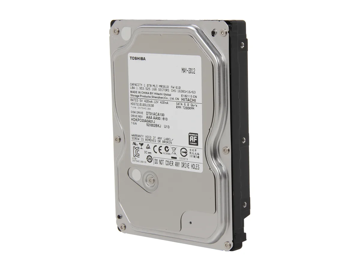 Silver 3.5 inch bare hard drive with exposed circuit board