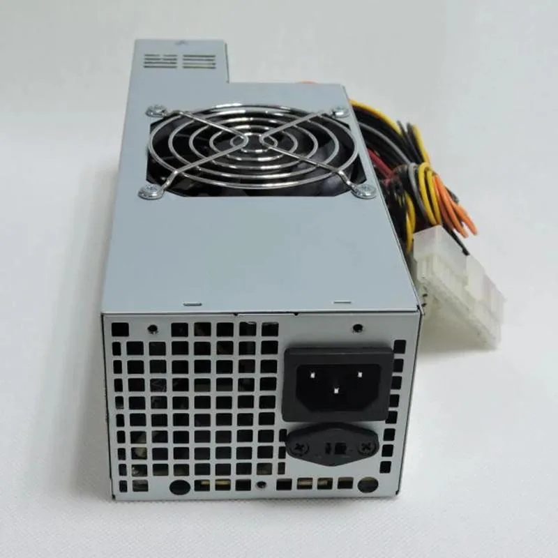 Rectangular silver ATX power supply unit with black fan grille and side label