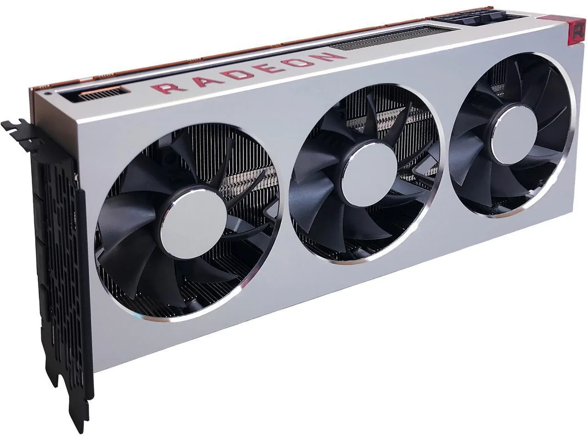 XFX Radeon VII triple-slot graphics card with matte black shroud and three axial fans